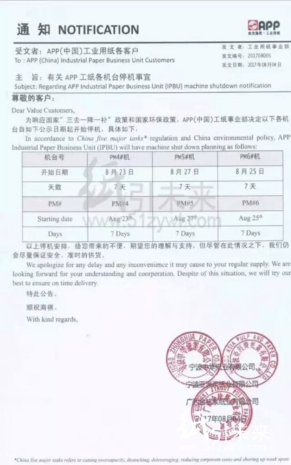 金光APP纸业八月第一张停机函