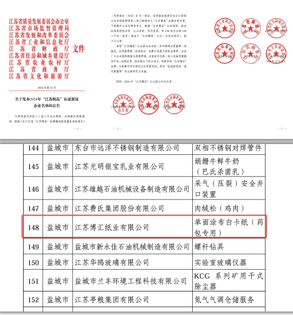 江苏博汇纸业荣获2024年“江苏精品”认证