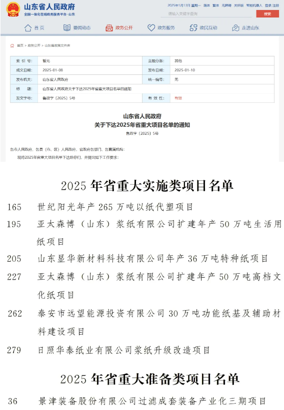 多项大型浆纸和装备项目入围2025年山东省重大（点）项目名单