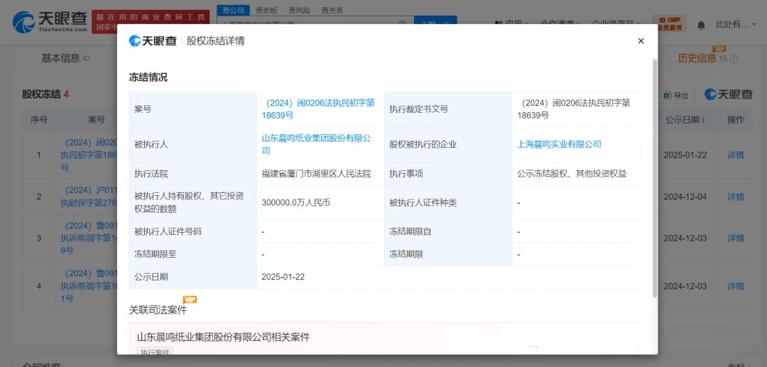 晨鸣纸业被冻结30亿股权