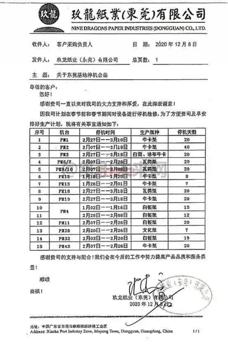 2021年东莞玖龙纸业春节停机检修计划