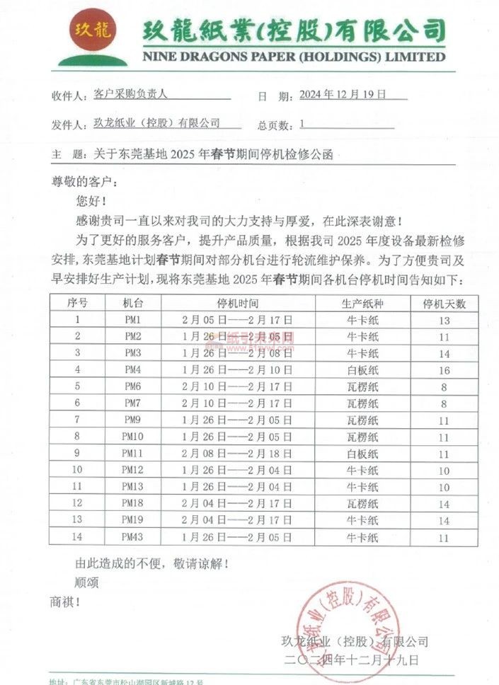 东莞玖龙2025年春节停机时间公布